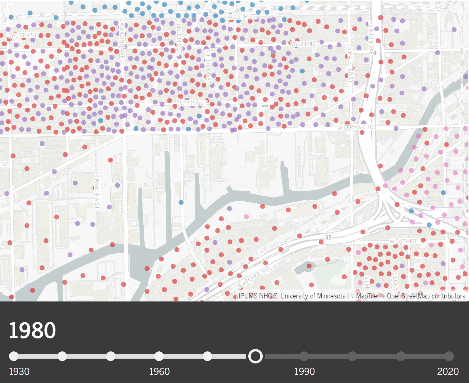 An animated gif of demographic maps of the Pilsen neighborhood in Chicago from 1980 to 2020. Starting in 1980 the neighborhood had a majority White population until 1990 when the demographics shifted to a majority Latino population. On the side of the graph is a key describing the marked dots on the maps.