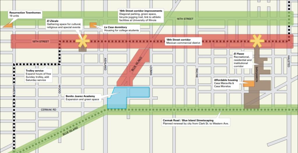 Image of map from the November 2006 Pilsen Quality of Life Plan that displays the Pilsen Corridor. The map features cultural focal points, residential improvements, recreational improvements (including El Paseo Community Garden), institutional improvements, a trolley service realignment, primary commercial corridors, and a streetscape improvement corridor.