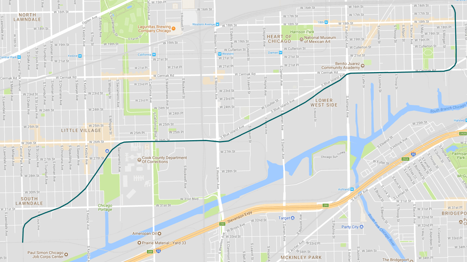 a map of Little Village and the Lower West Side in Chicago. Marked on the map is the proposed trail to connect major community gardens in this region.